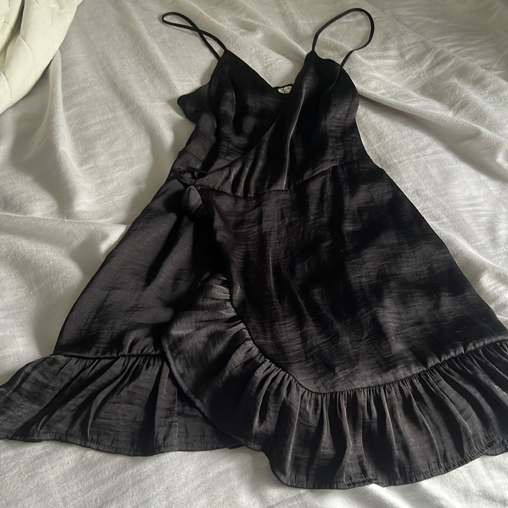 Free People Black Satin Ruffle Slip Dress